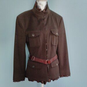 Strenesse Brown Wool-Cashmere, Silk Ruffle Military Jacket worn by Queen Mary
